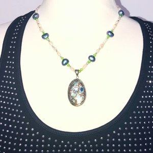 Pearl Bead Necklace With Oval Abalone Pendant 20"